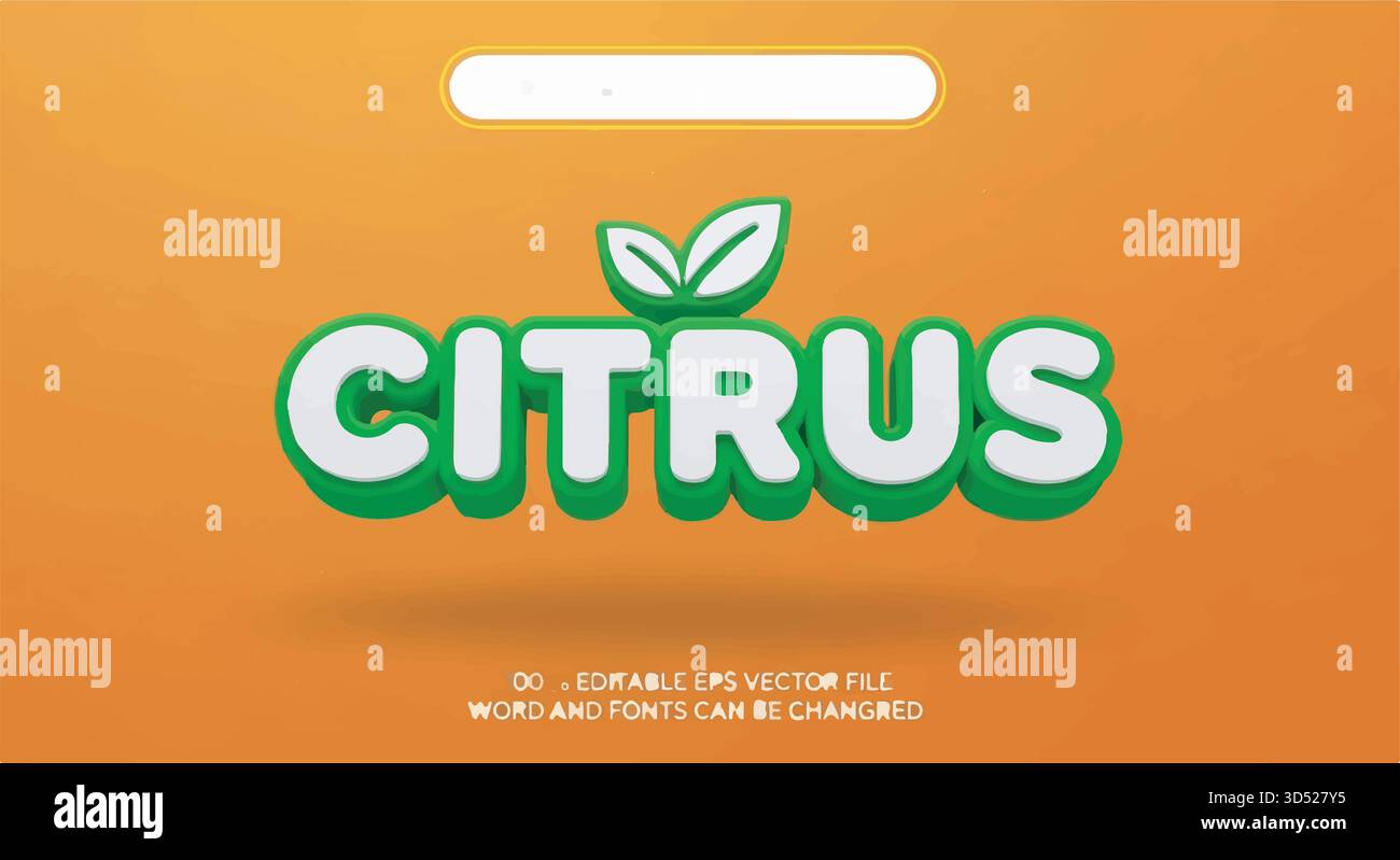 3D-Text-Rendering des Wortes „ZITRUS“ mit grünem Blatt-Logo auf leuchtendem orangefarbenem Hintergrund für Branding Stock Vektor