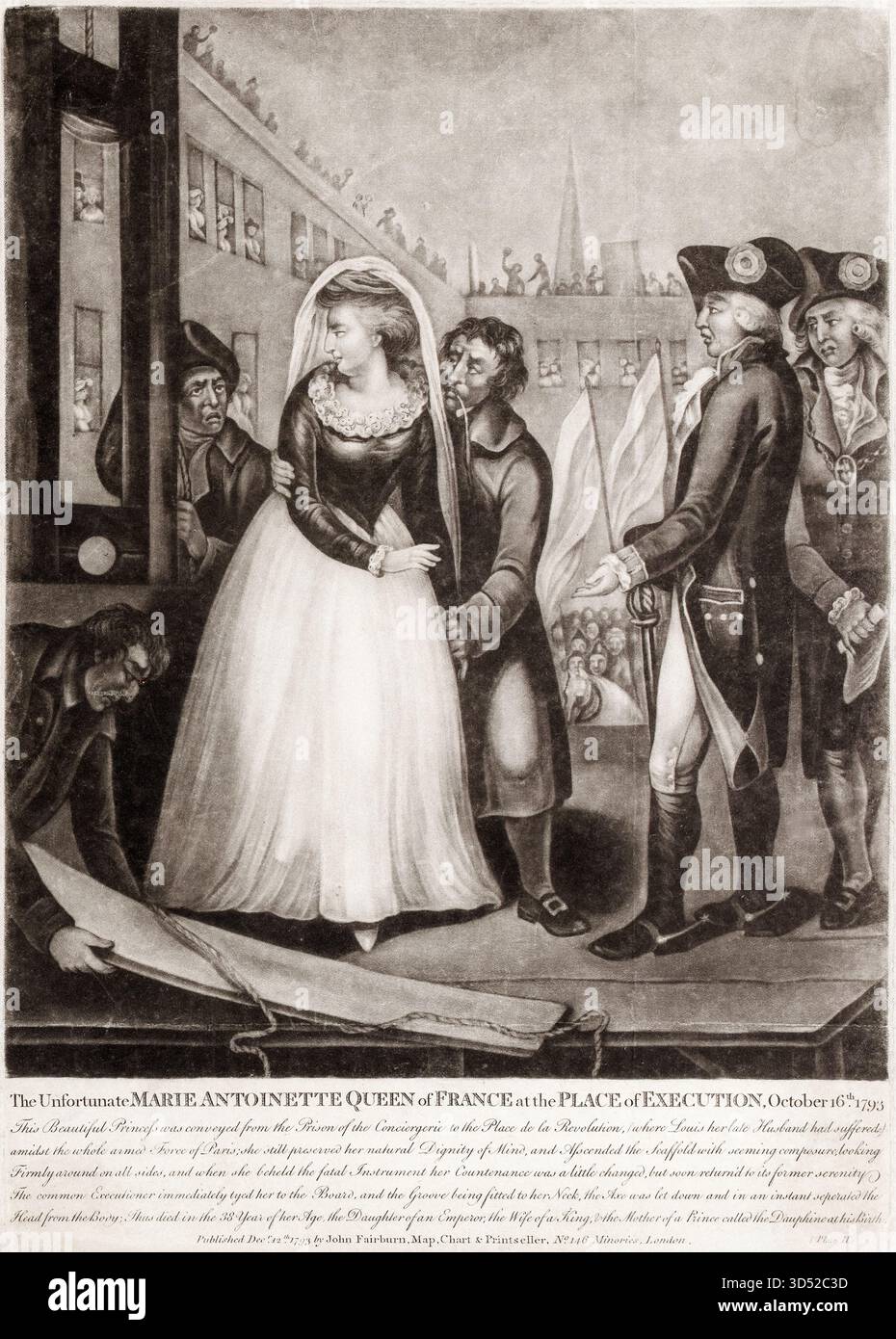 Französische Revolution. Marie Antoinette (1755-1793) Königin von Frankreich am Ort ihres Todes durch Hinrichtung auf der Guillotine, 16. Oktober 1793, Mezzotint-Ätzung, 1793-1803 Stockfoto