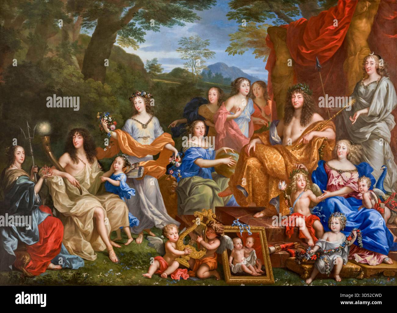 Ludwig XIV. (1638–1715) König von Frankreich und Königsfamilie am Olymp, Familienporträt in Öl auf Leinwand von Jean Nocret, 1670 Stockfoto
