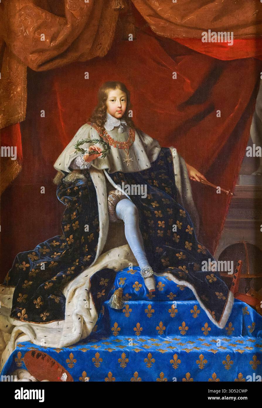König Ludwig XIV. Von Frankreich (1638–1715) als zehnjähriges Kind in Krönungsgewändern, Porträtmalerei in Öl auf Leinwand von Henri Testelin, 1648 Stockfoto