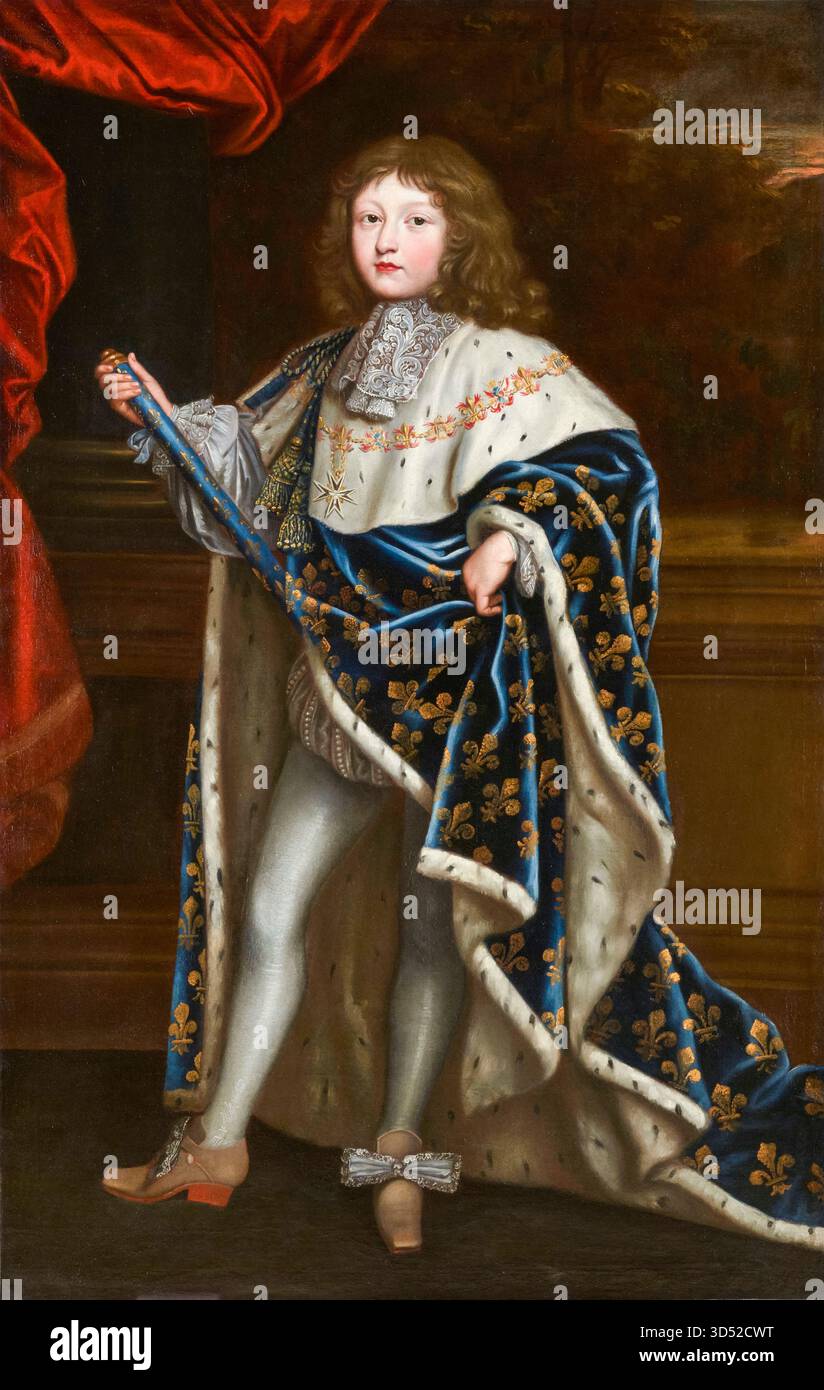 Ludwig XIV. (1638–1715), König von Frankreich als zehnjähriges Kind in Krönungsgewändern, Porträt in Öl auf Leinwand von Henri Testelin, 1648-1655 Stockfoto