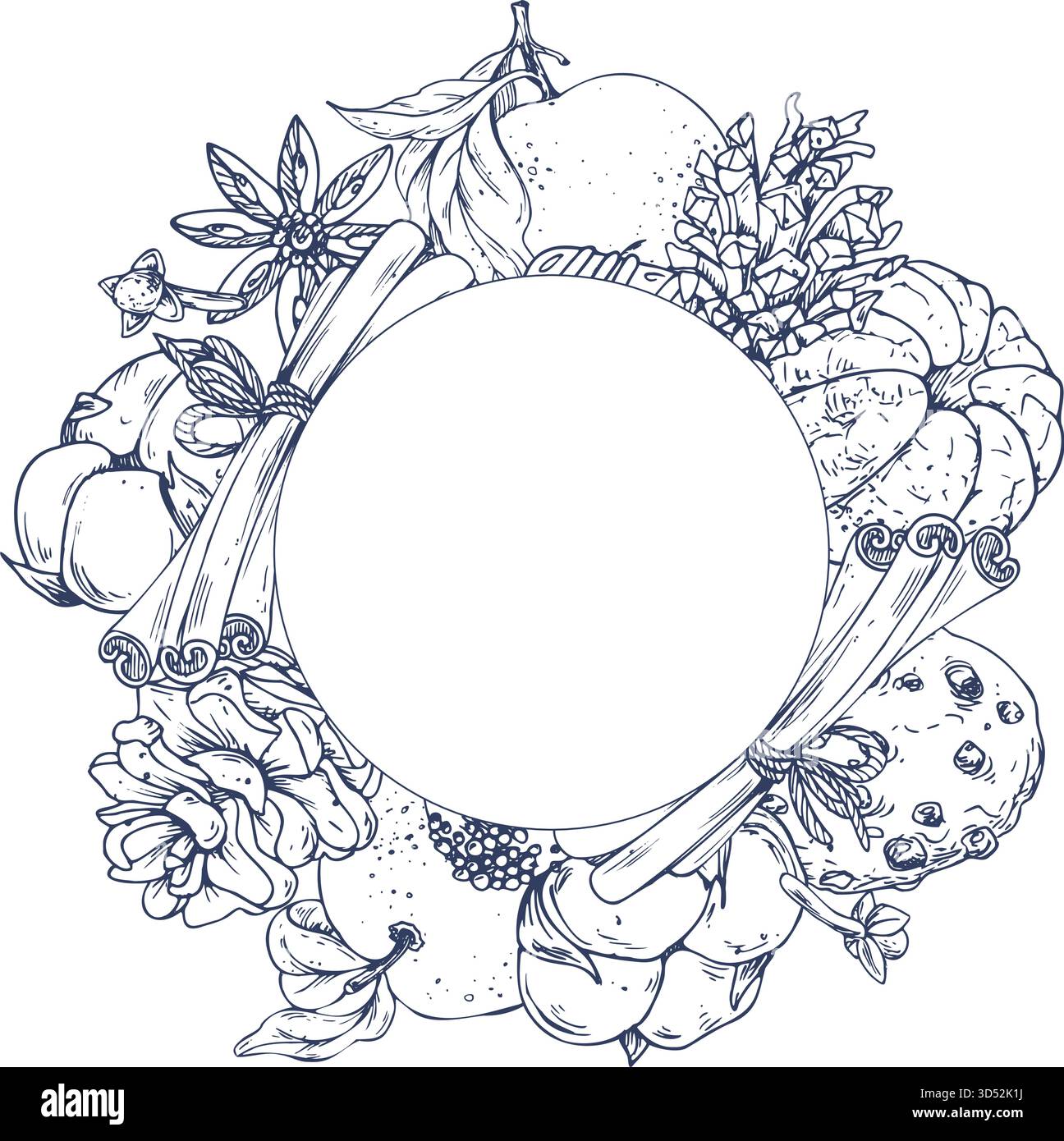 Ein Weihnachtskranz mit Tannenzweigen, Tannenzapfen, Mandarinen, Zuckerwatte, Keksen, und Beeren. Grafische Strichgrafik-Illustration, handgezeichnet mit Tinte Stock Vektor