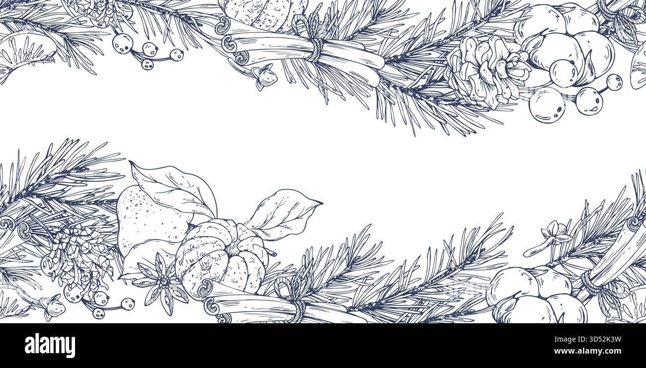 Ein nahtloses horizontales Weihnachtsmuster mit Tannenzweigen und -Kegeln, Gewürzen, Mandarinen, Baumwolle und Beeren. Abbildung einer grafischen Linie Stock Vektor