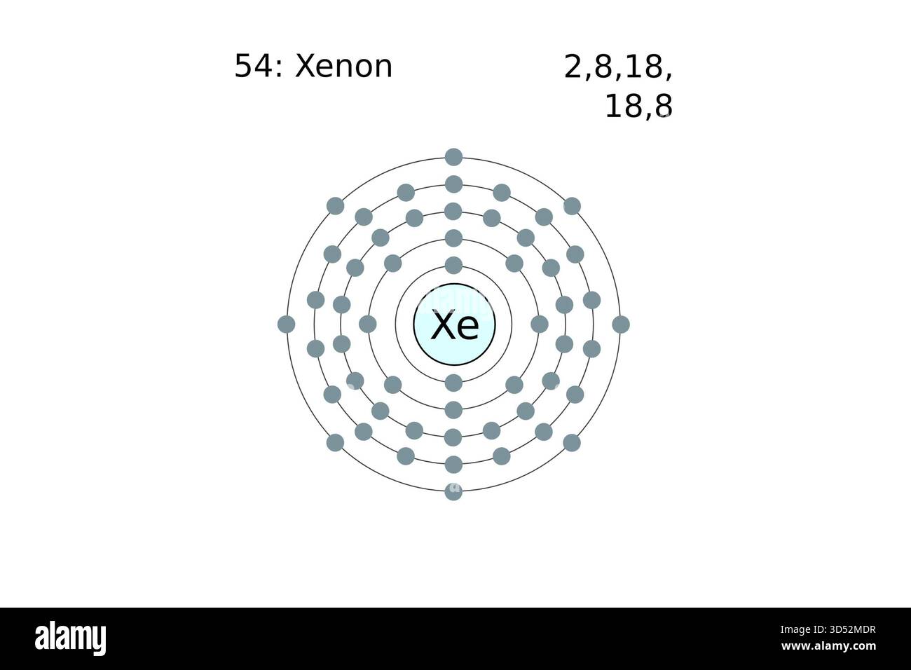 Xenon-Atom, Illustration eines Xenon-Molekülmodells Stockfoto