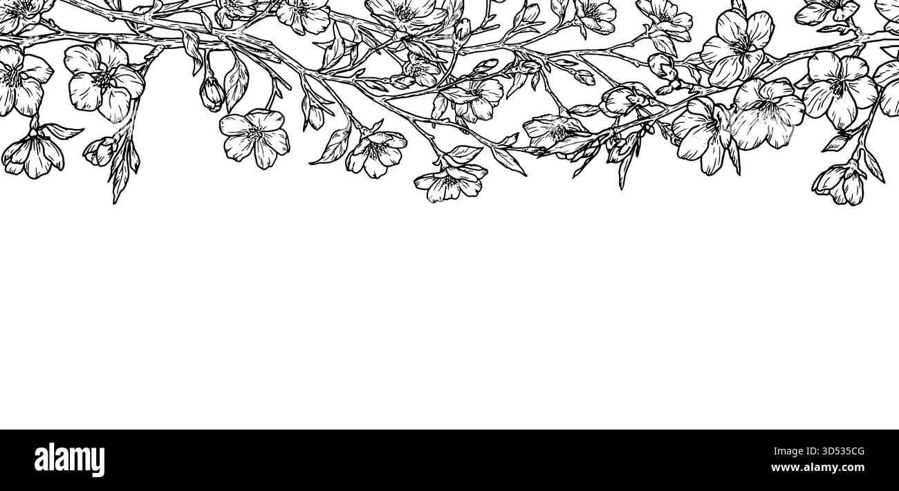Blumenrand von Kirschblütenzweigen, Skizze. Vektorabbildung. Nahtloses Blumenmuster isoliert auf weißem Hintergrund. Geeignet für Karten, Inv Stock Vektor