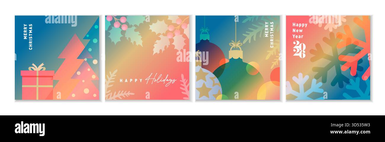 Frohe Weihnachten und Happy Holidays kreatives Glückwunschkarten-Set mit Aquarellen. Moderner weihnachtsbaum, Geschenk, stechpalmenbeere und Weihnachtsball. Frohes Neues Jahr 2026 Stock Vektor