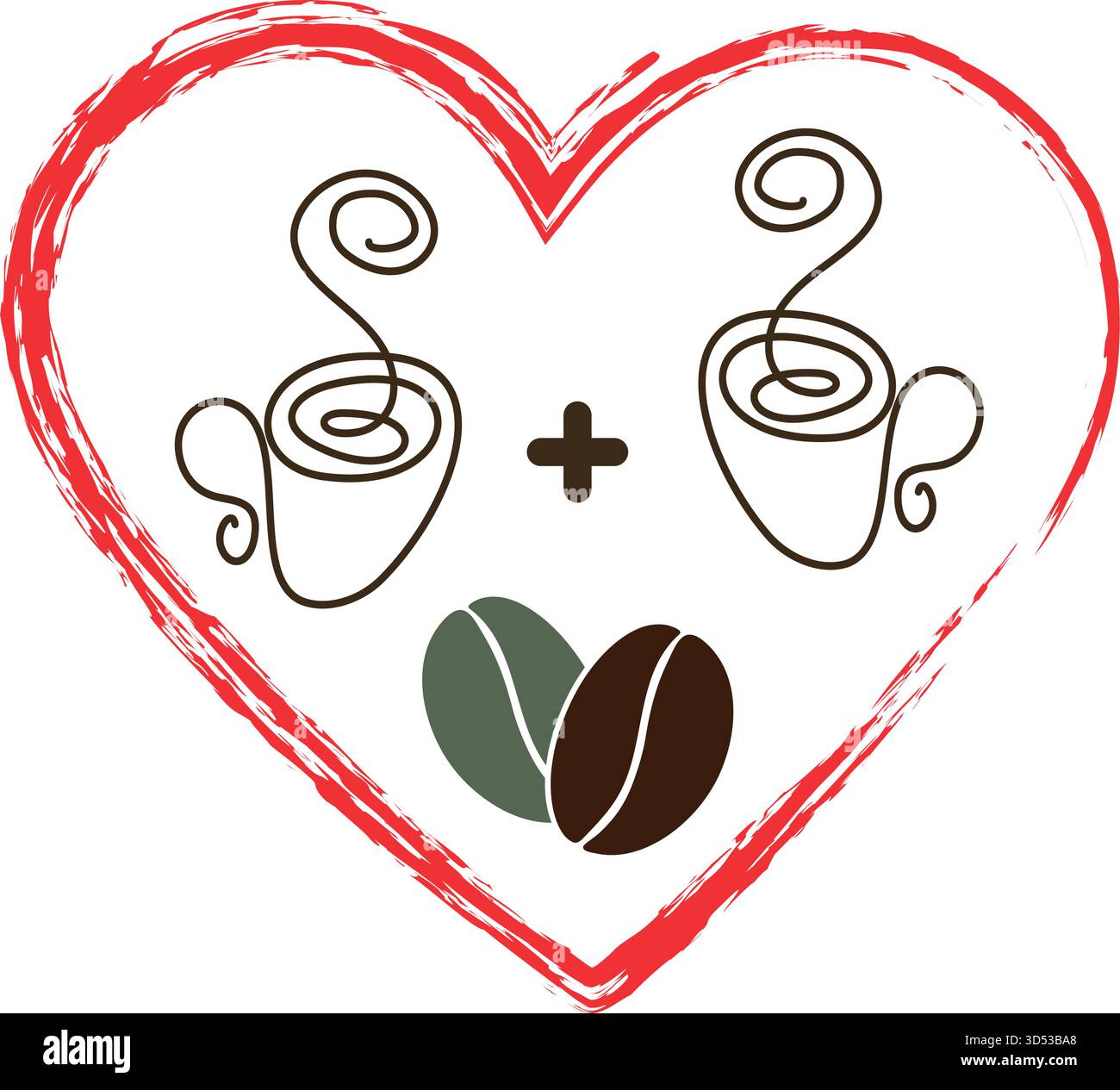 Handgezeichnete Kaffeetassen mit Kaffeebohnen und Herzform gerahmtes Love Coffee Concept Minimalist Flat. Isolierte Vektor-Illustration Kaffee thematische Werbe- oder Menükarten Social Media Post, Banner Stock Vektor