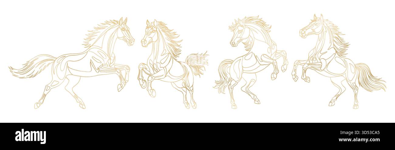 Line Art Gold Pferd in dynamischer Pose. Symbol des chinesischen Neujahrs 2026. Das Pferd steht auf den Hinterbeinen. Designelement für Karten, Postkarten Stock Vektor