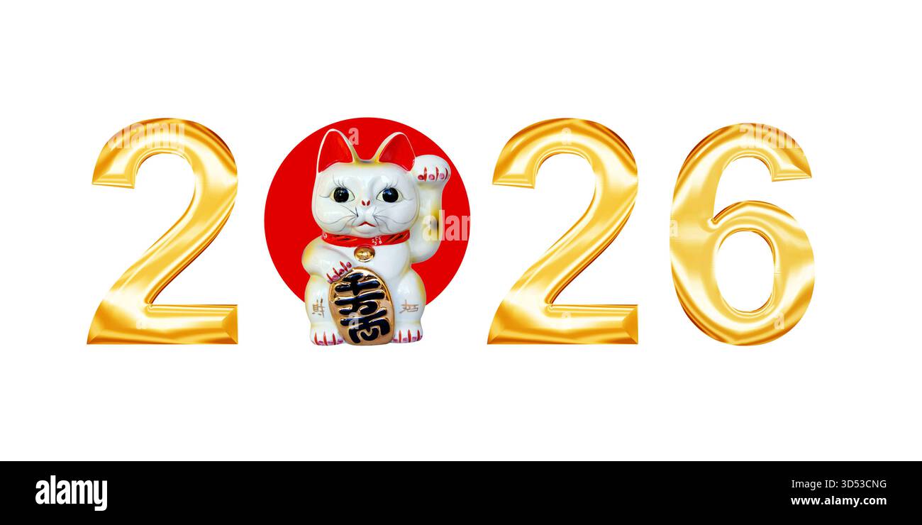 Goldene Metallbuchstaben 2026 mit japanischem maneki neko (Glückskatze) isoliert auf weißem Hintergrund, Neujahrsgrußkarte Stockfoto