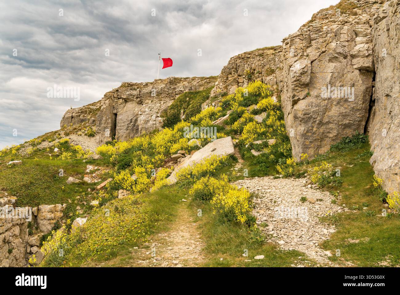 Steinbruch Ruinen von St aldhelm's Kopf, in der Nähe von Worth Matravers, Jurassic Coast, Dorset, Großbritannien Stockfoto