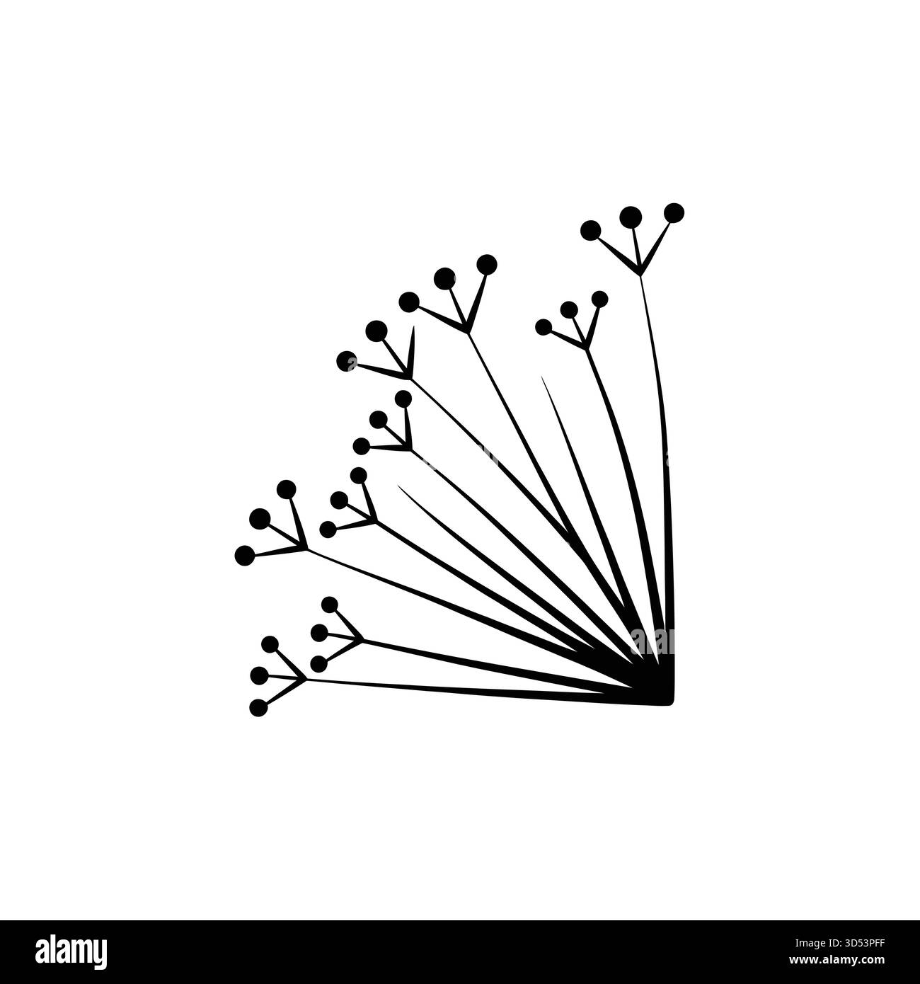 Eine zarte, handgezeichnete Illustration einer Gruppe dünner Stiele mit kleinen runden Samenkörnern an den Enden, auf weißem Hintergrund. Stock Vektor