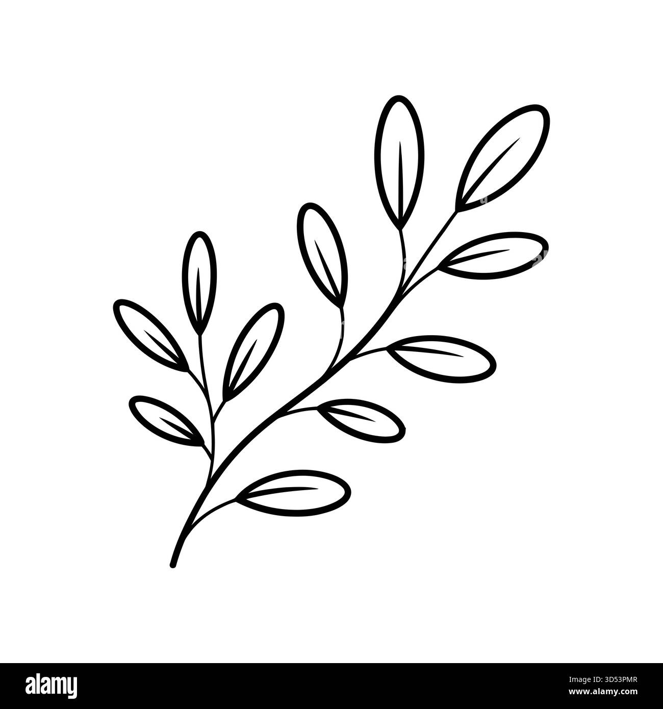 Eine minimalistische schwarz-weiße Linienzeichnung eines zarten Zweiges mit mehreren ovalen Blättern. Der Stil ist einfach und organisch. Stock Vektor