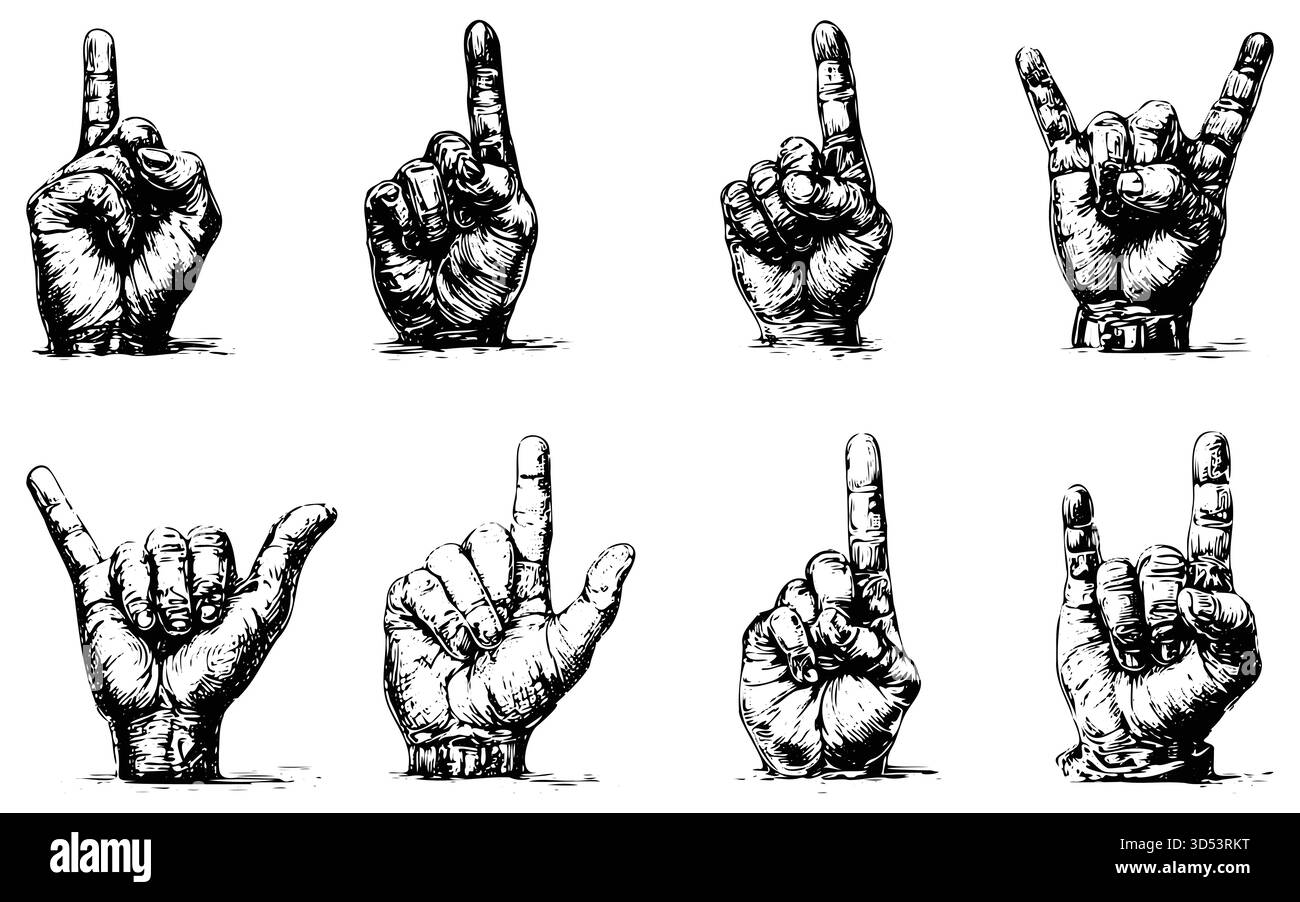 Gesten in Zeichensprache, Finger im Vintage-Stil mit verschiedenen Zeichen und Symbolen Stock Vektor