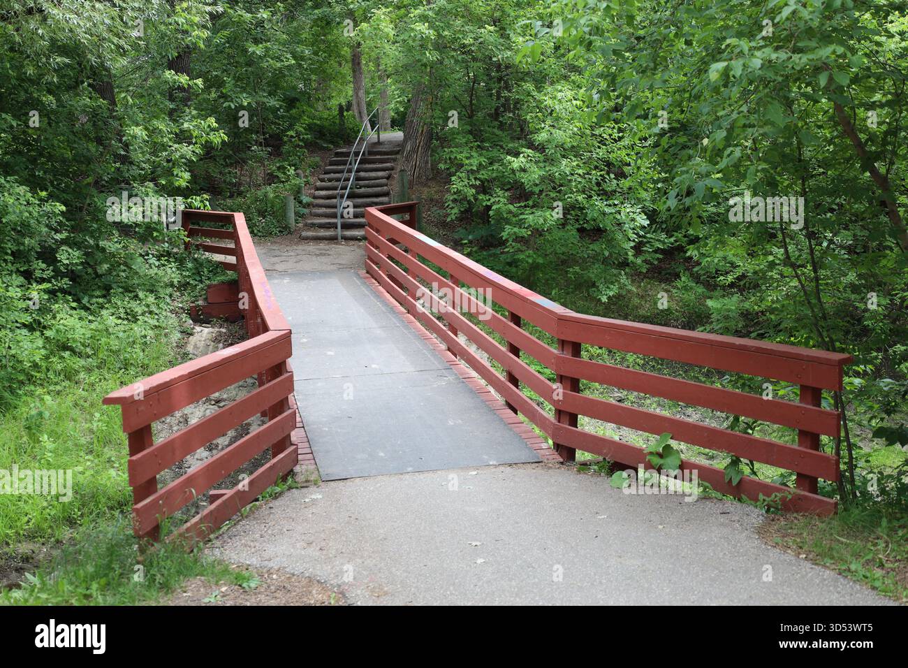 Eine hölzerne Brücke, die den Bach überquert, von gepflasterten Spaziergängen, Wandern, Radfahren, Laufweg zu unbefestigten Holztreppen, Treppen auf den Hügel Stockfoto