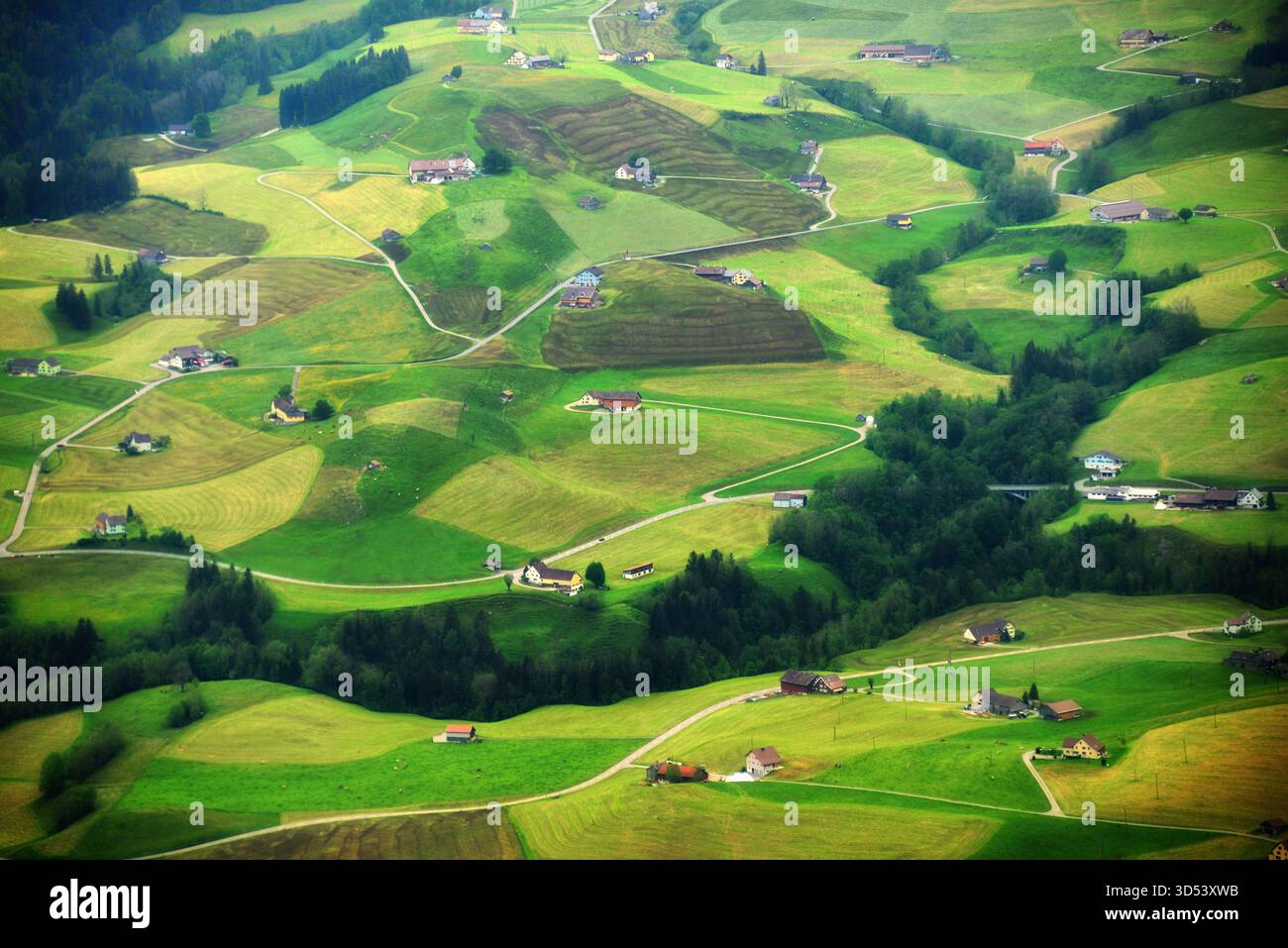 Luftaufnahme abgelegener Häuser und Felder in einer sanften Landschaft, Appenzell, Schweiz Stockfoto