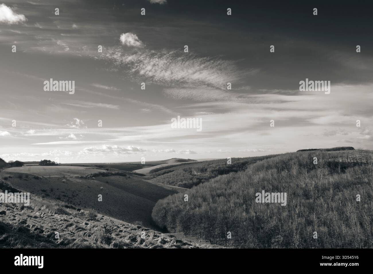 Melbury Beacon und Hill am Horizont in Dorset mit Tal im Vordergrund mit steilen Hängen im Winter Stockfoto