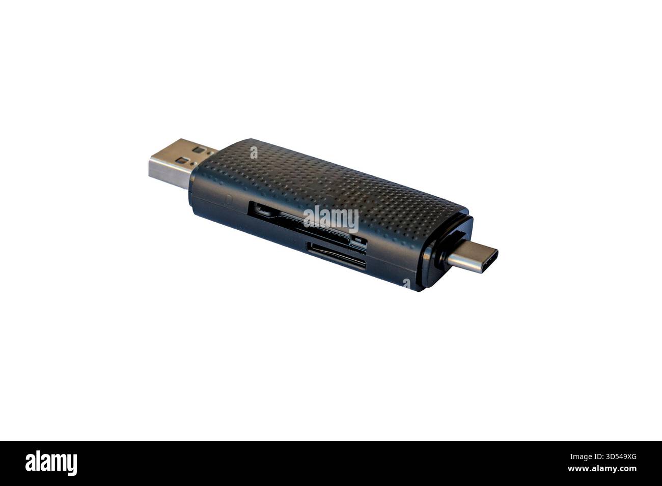 Multifunktionaler USB-Kartenleser mit USB-A- und USB-C-Anschlüssen, unterstützt SD- und microSD-Karten für schnelle Datenübertragung und tragbaren Einsatz. Hohe Qualität Stockfoto