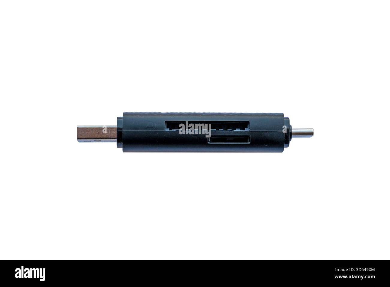 Multifunktionaler USB-Kartenleser mit USB-A- und USB-C-Anschlüssen, unterstützt SD- und microSD-Karten für schnelle Datenübertragung und tragbaren Einsatz. Hohe Qualität Stockfoto