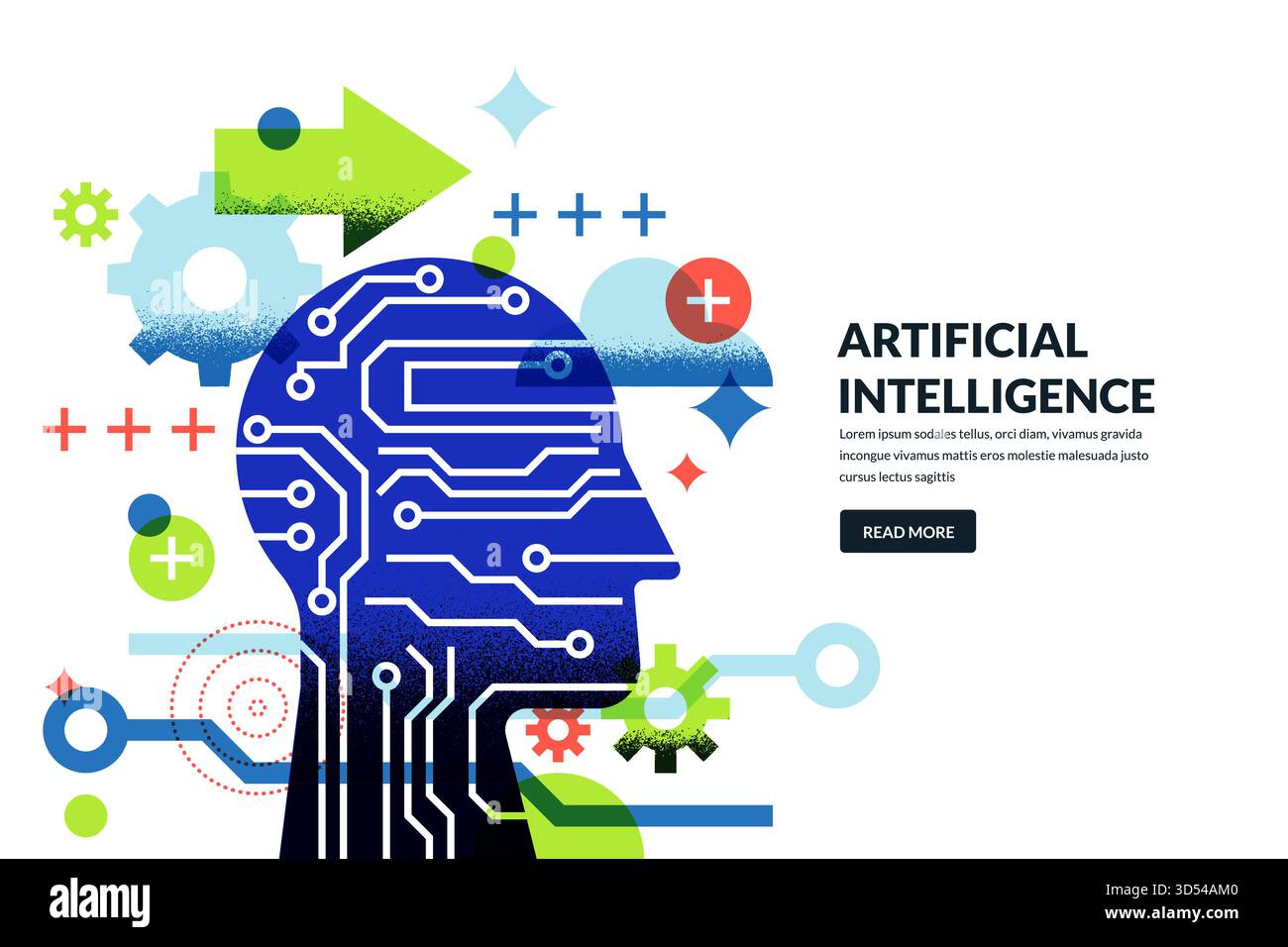 Vektorillustration eines abstrakten Kopfes mit Schaltungs-Chip und Zahnrad. Innovation, Digital Mind, künstliche Intelligenz und Konzept für technologische Zukunftsideen. Huma Stock Vektor