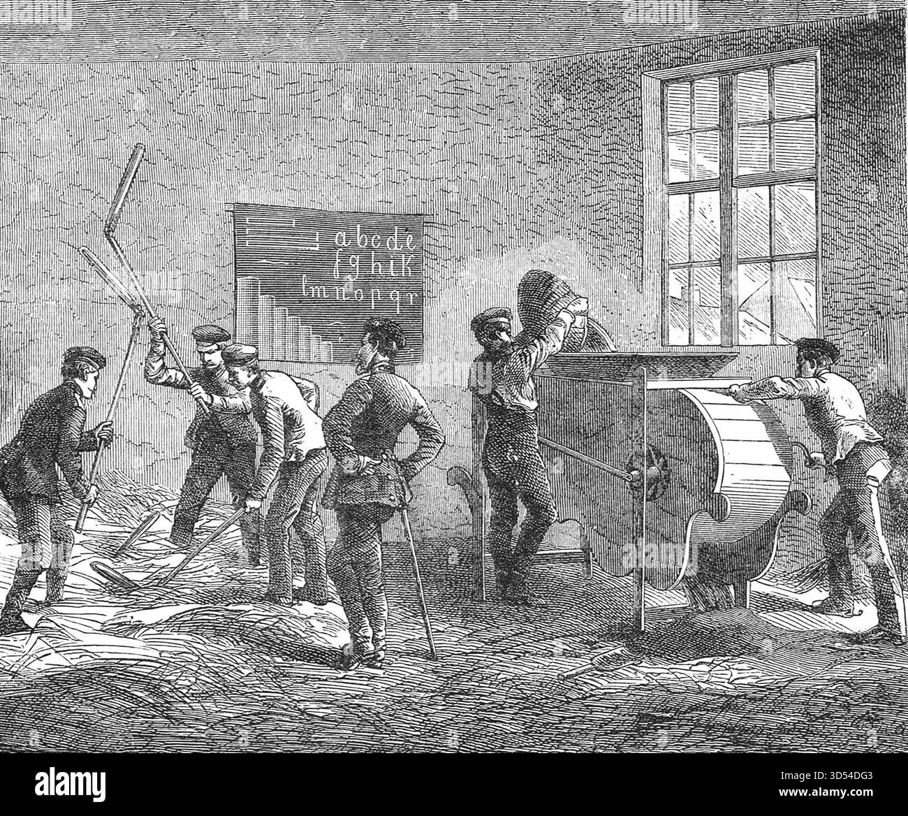 Preußen droschen Mais in einem französischen Schulzimmer während des Deutsch-Französischen Krieges. Stockfoto