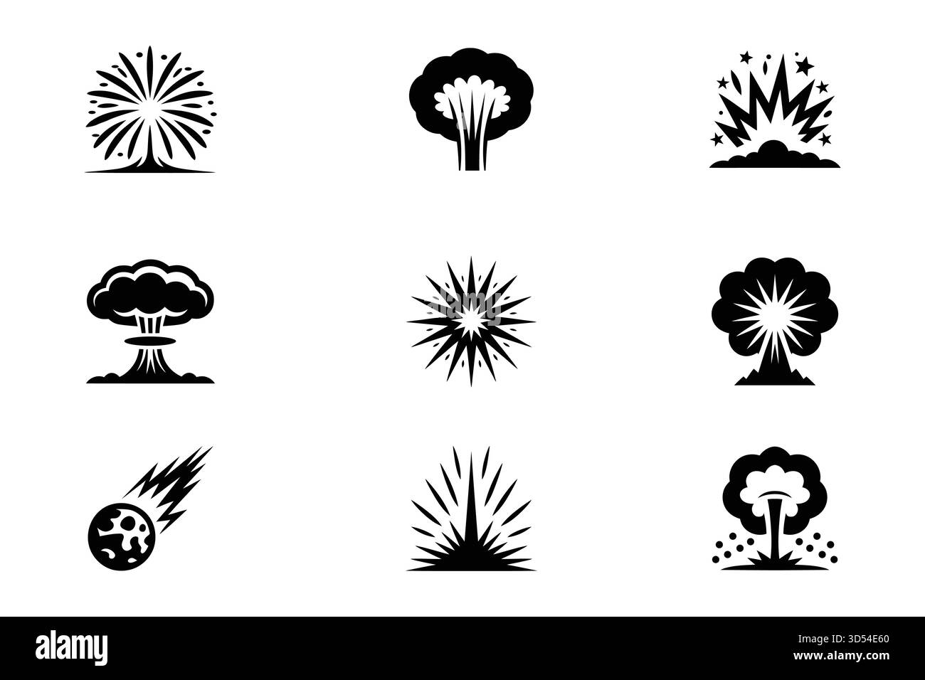 Sammlung von Explosions- und Baumsymbolen auf weißem Hintergrund Stock Vektor