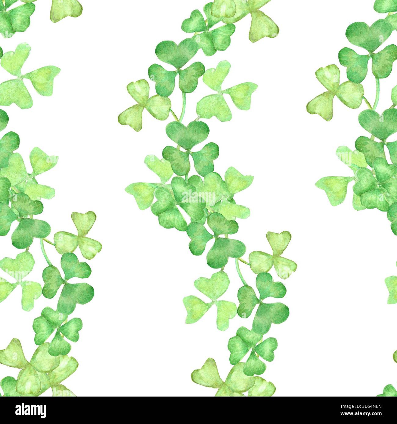 Nahtloses Muster von handgezeichneten Aquarellkleeblättern auf isoliertem Hintergrund für Verpackungspapier, Stoff, Sommerkleidung, Aufkleber, Werbung Stockfoto