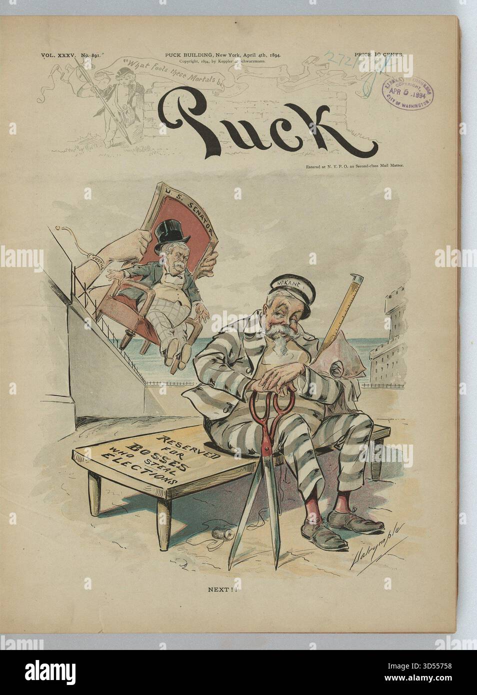 Historisches Vintage-Illustrationskunstwerk mit dem Titel „Next!!“ Von Louis Dalrymple, veröffentlicht im Puck-Magazin 1894, zeigt einen politischen Cartoon von Wahlkorruption mit einem Gefangenen mit der Bezeichnung „McKane“, der auf Bestrafung wartet, und einem US-Senator, der weggetragen wird. Bild mit freundlicher Genehmigung der Library of Congress. Stockfoto