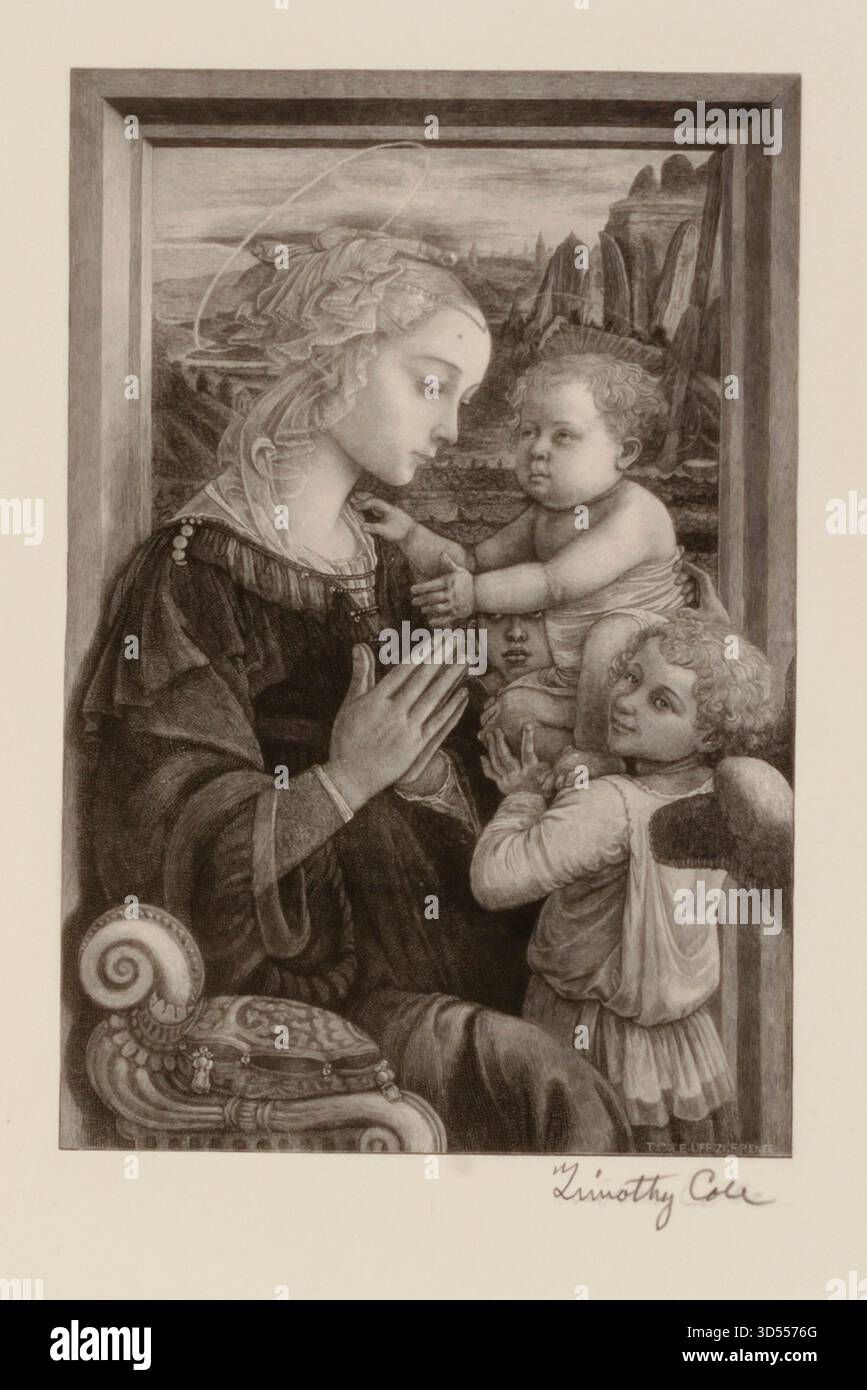 Historisches Illustrationskunstwerk von Timothy Cole nach einem alten italienischen Meister, das eine sitzende Frau im Gebet mit zwei Kindern in einer detaillierten Komposition im Renaissance-Stil zeigt. Stockfoto