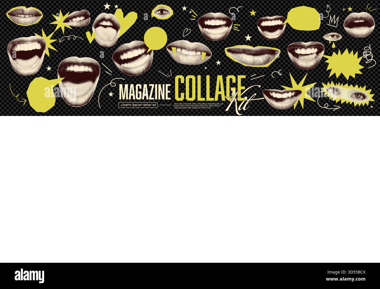 Vintage-Collage-Paket mit schreienden Lippen und grüner Sprechblase für Scrapbook-Kits und Zine-Design. Sticker und Poster gemischte Medienelemente und a c Stock Vektor