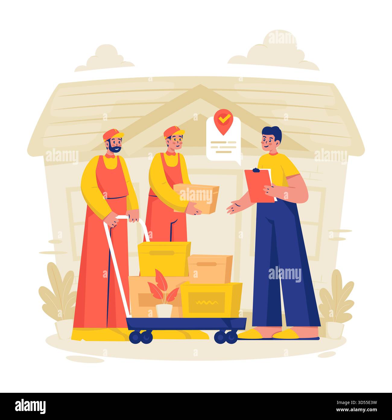 Vektor-Illustration zum Verschieben von Servicefeldern zum Kunden vor dem Haus Stock Vektor