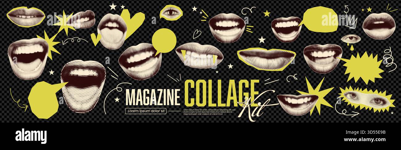 Vintage-Collage-Paket mit schreienden Lippen und grüner Sprechblase für Scrapbook-Kits und Zine-Design. Sticker und Poster gemischte Medienelemente und a c Stock Vektor