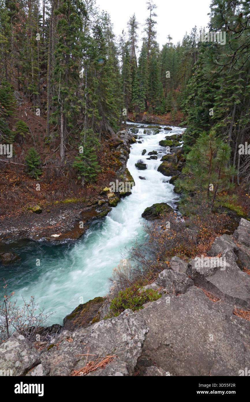 Ein Blick auf die Benham Falls, einen Abschnitt der Stromschnellen der Klasse 5 am Upper Deschutes River in den Cascade Mountains von Oregon bei Bend, Oregon. Stockfoto