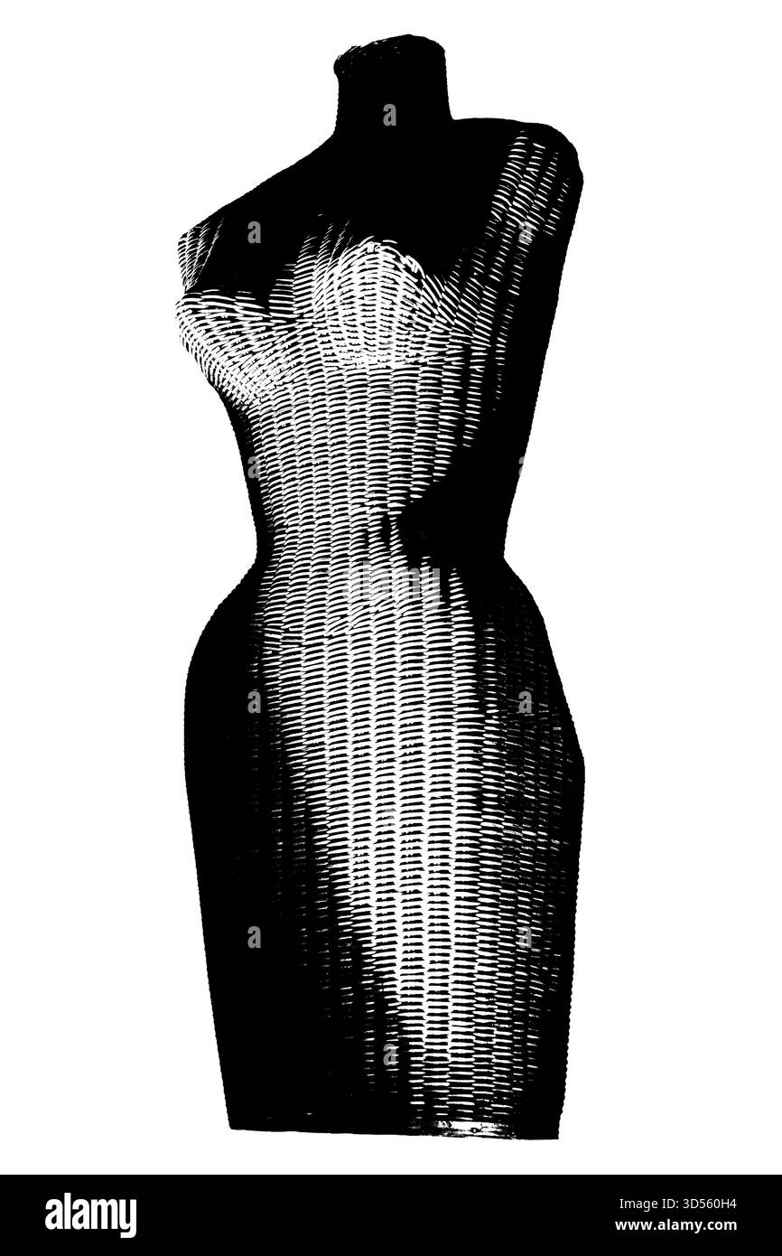 Stil, Mode und künstlerisches Design in weiblicher Form. Das Design ist ein gewebtes Material. Schatten bilden sich über dem Oberteil einer formschönen Frau. Stockfoto