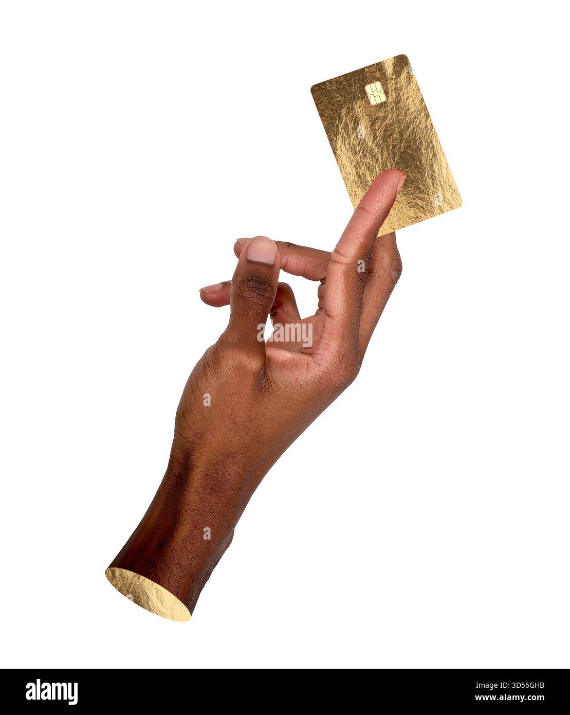 Gold Card Service. Afroamerikanischer Mann mit glänzender metallischer Karte, die Reichtum, Prestige und Luxus symbolisiert, Konzept der Online-Zahlung, Finanzsektor Stockfoto