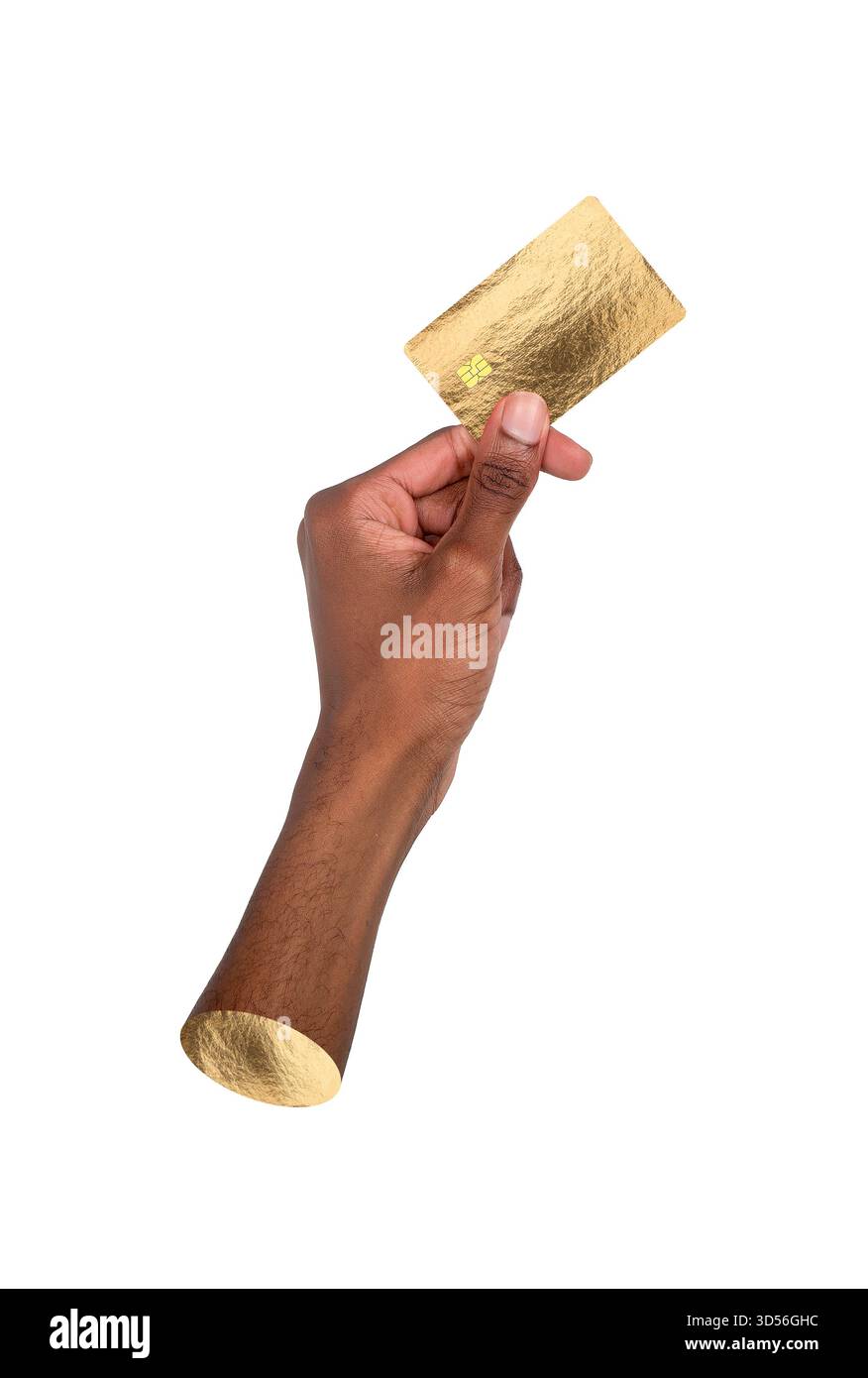 Gold Card-Transaktion. Afroamerikanischer Mann mit glänzender Metallkarte, die Luxus, Reichtum und Finanzen symbolisiert, Konzept bargeldloser Zahlung, Geschäft Stockfoto