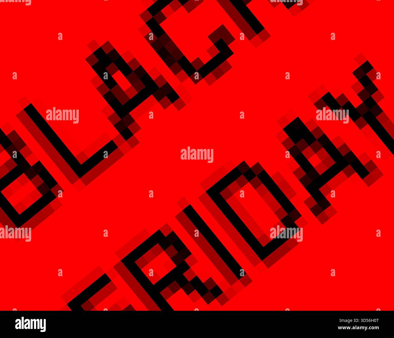 Schwarzes Friday Pixel-Textdesign auf rotem Hintergrund, digitale Typografie im Retro-8-Bit-Stil mit blockigem Glitcheffekt, moderne Werbekomposition für Stockfoto