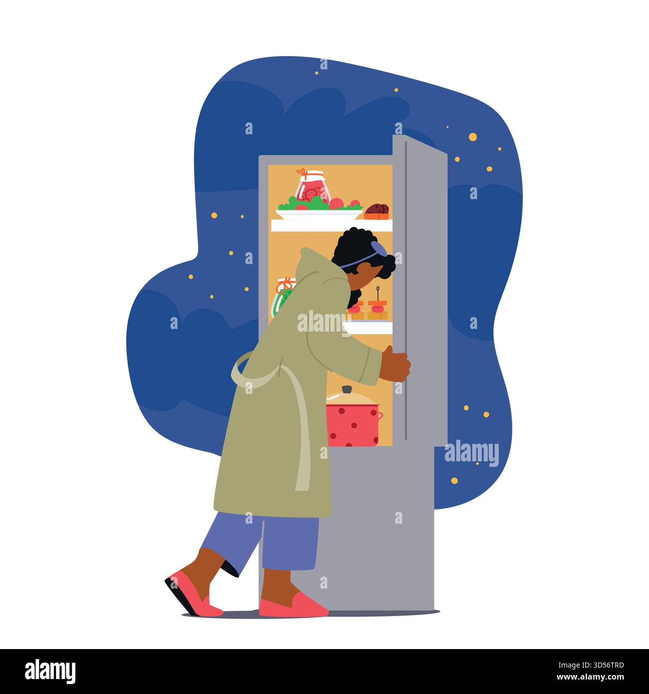 Spätabends wurde der Kühlschrank überfallen. Eine weibliche Figur öffnet den Kühlschrank auf der Suche nach Einem Mitternachtssnack, sucht Komfort oder sättigende Heißhunger unter dem Moonlit GL Stock Vektor