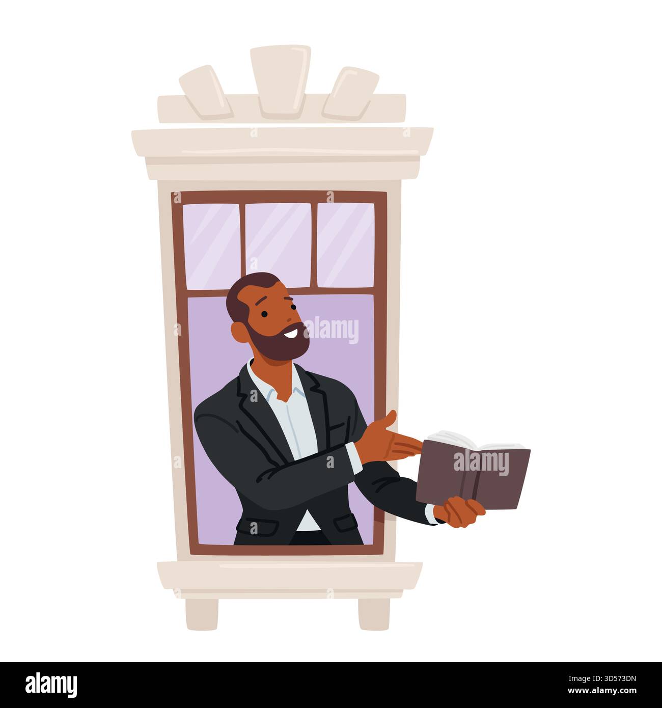 Ein fokussierter Geschäftsmann steht an Einem Fenster, mit Buch in der Hand, sein Gesicht wird von Wissen beleuchtet. Ein Blick auf Ehrgeiz in den ruhigen Momenten von Stock Vektor