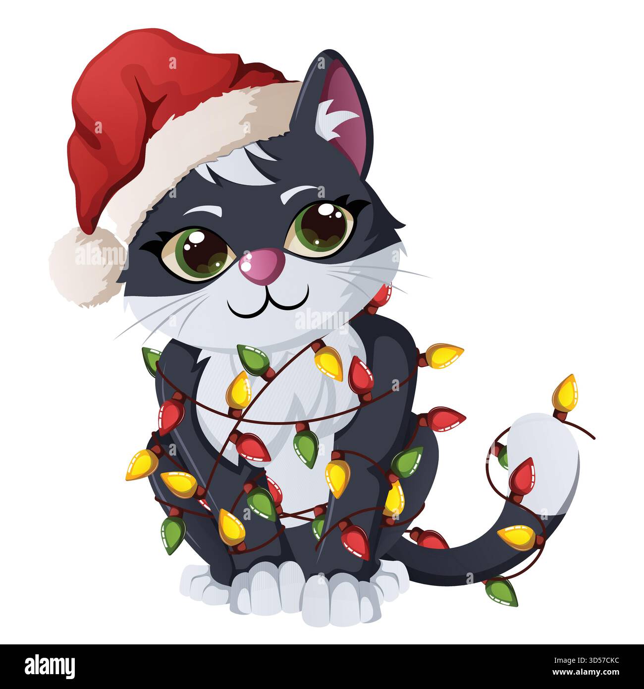 Niedlicher Cartoon Kätzchen-Charakter mit Weihnachtsmütze, die in helle Lichterketten eingewickelt ist Stock Vektor