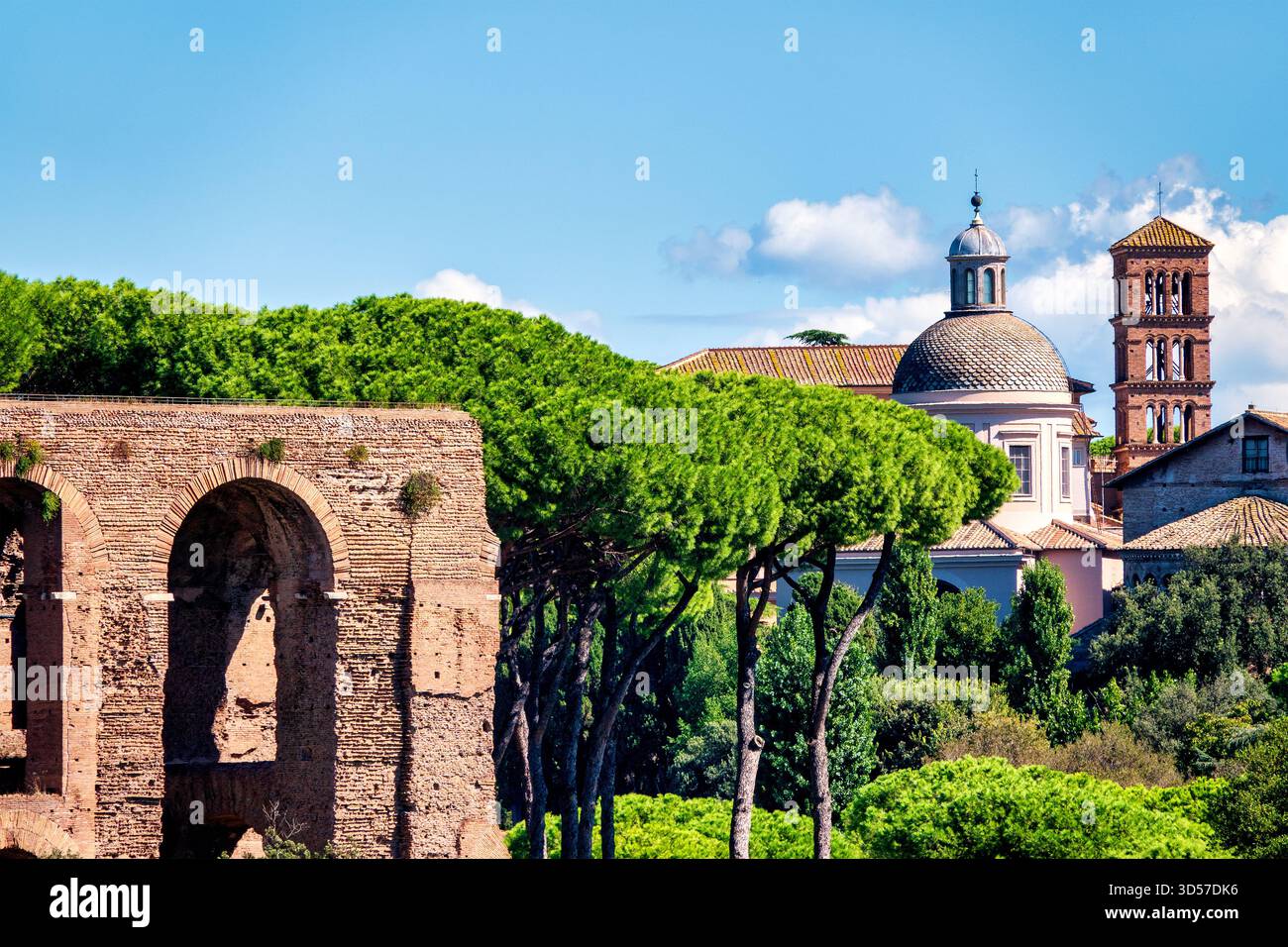 Blick auf die antiken römischen Ruinen auf dem Palatin mit Pinien (Pinus pinea) und die Kuppel und den Glockenturm der Basilika Santi Giovanni e Paolo Stockfoto