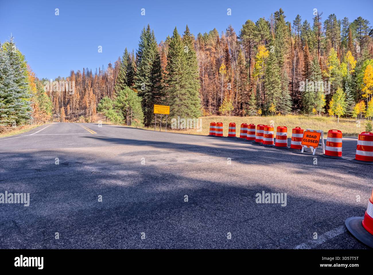 Die Hauptstraße ist an der Abzweigung der Cape Royal Road am Nordrand des Grand Canyon National Park, Arizona, USA, gesperrt Stockfoto