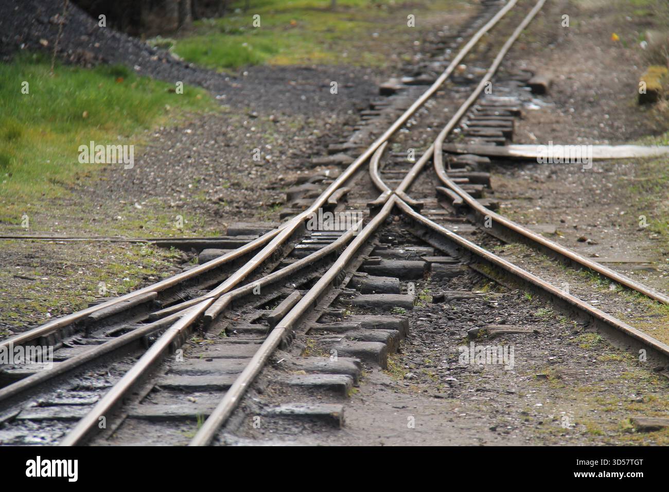 A Point Switch Kreuzung auf einer Schmalspurbahn. Stockfoto