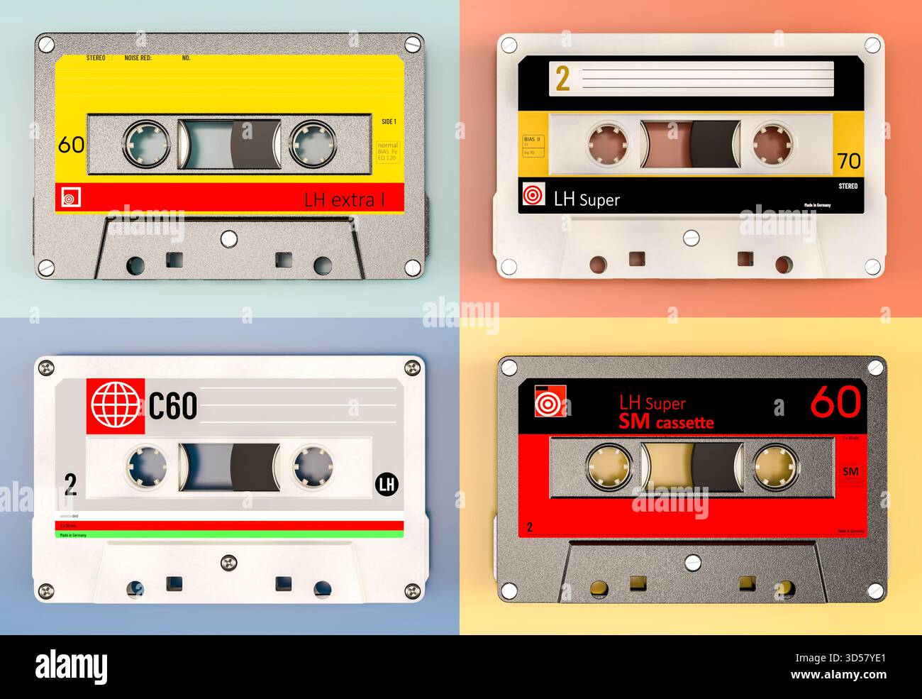 Sammlung von Kompaktkassetten mit Retro-Magnetband 3D Stockfoto