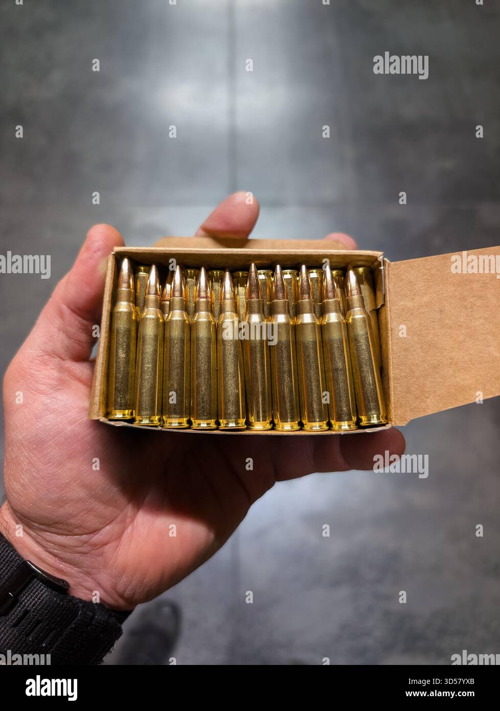 Die Hand des Mannes hält einen offenen Karton voll mit 5,56-mm-Gewehrmunition. Stockfoto