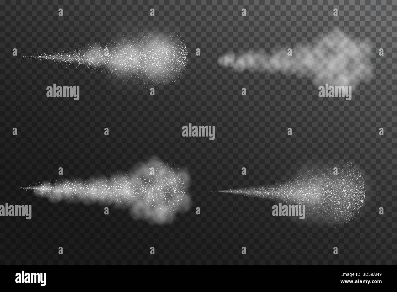 Dampfnebelwasser, luftiger Wasserstrahl isoliert auf schwarzem transparenten Hintergrund. Vektor-realistische Illustration Set, Sammlung. Stock Vektor