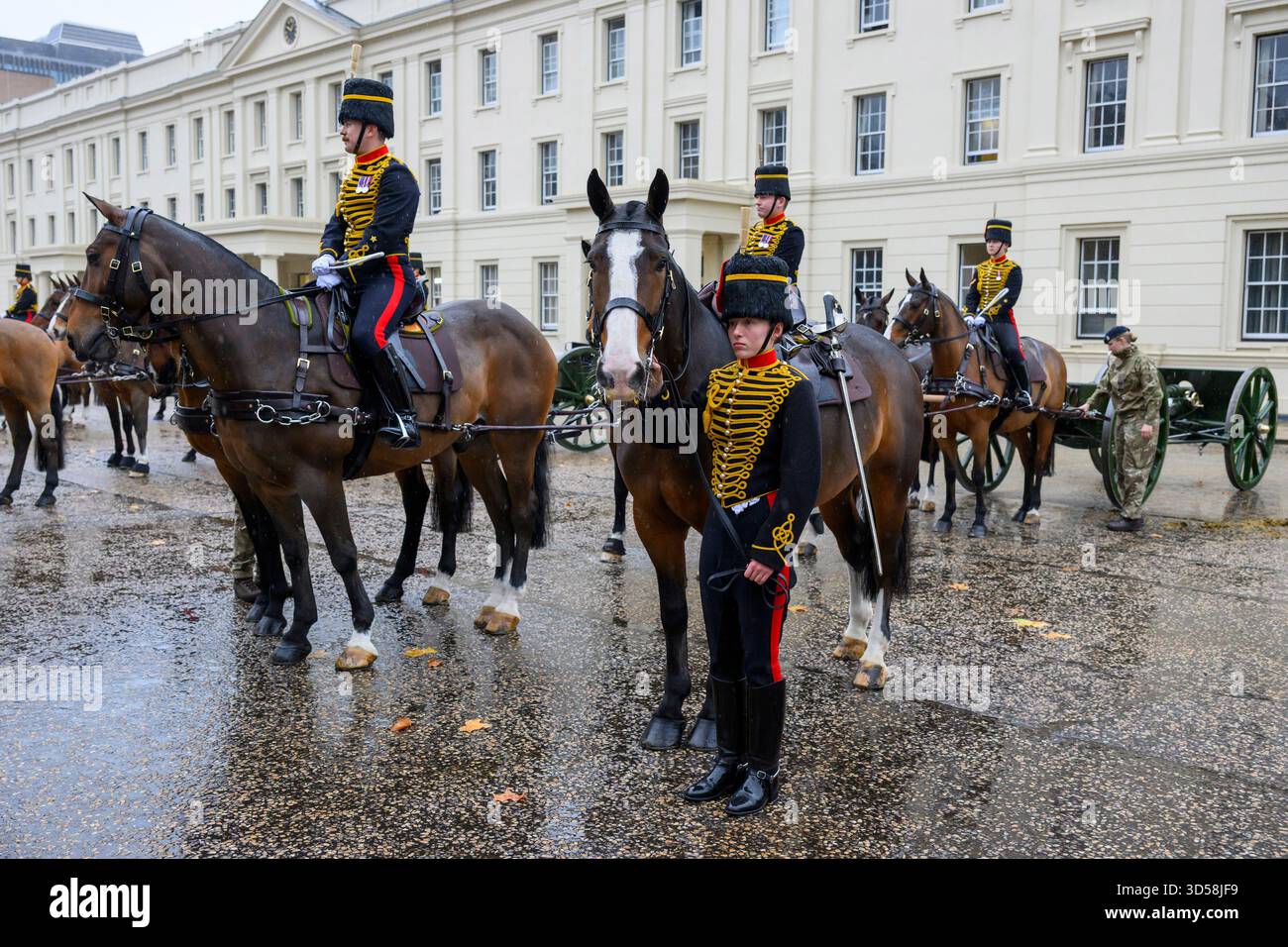 14/11/2025. London, Großbritannien. Mitglieder der Royal Horse Artillery der Königstruppe bereiten Pferde in den Stallungen der Wellington Barracks vor, bevor sie den Geburtstag seiner Majestät König Karl III. Feiern und 41 einen Gun Salute abfeuern. Dies ist das letzte Mal, dass sich die Pferde in Wellington Barracks auf die weitere Renovierung vorbereiten. Foto: Ray Tang Stockfoto