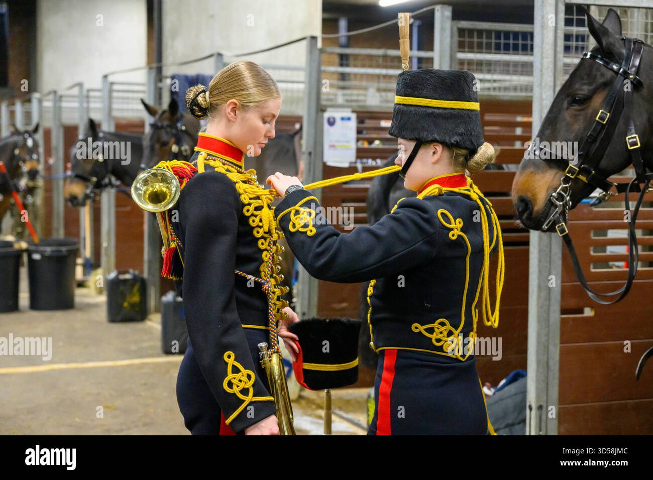 14/11/2025. London, Großbritannien. Mitglieder der Royal Horse Artillery der Königstruppe bereiten Pferde in den Stallungen der Wellington Barracks vor, bevor sie den Geburtstag seiner Majestät König Karl III. Feiern und 41 einen Gun Salute abfeuern. Dies ist das letzte Mal, dass sich die Pferde in Wellington Barracks auf die weitere Renovierung vorbereiten. Foto: Ray Tang Stockfoto