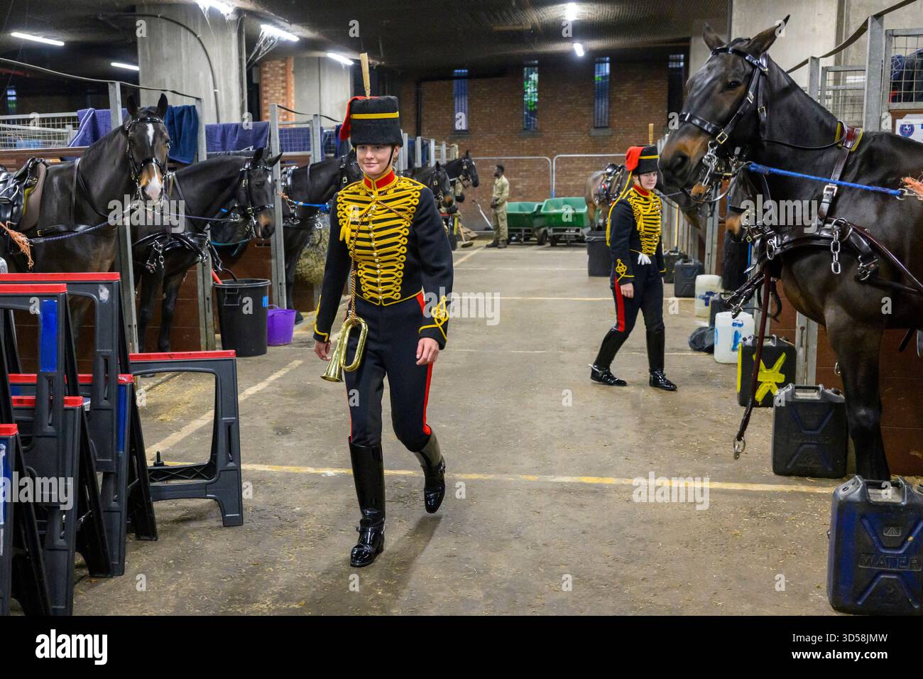 14/11/2025. London, Großbritannien. Mitglieder der Royal Horse Artillery der Königstruppe bereiten Pferde in den Stallungen der Wellington Barracks vor, bevor sie den Geburtstag seiner Majestät König Karl III. Feiern und 41 einen Gun Salute abfeuern. Dies ist das letzte Mal, dass sich die Pferde in Wellington Barracks auf die weitere Renovierung vorbereiten. Foto: Ray Tang Stockfoto