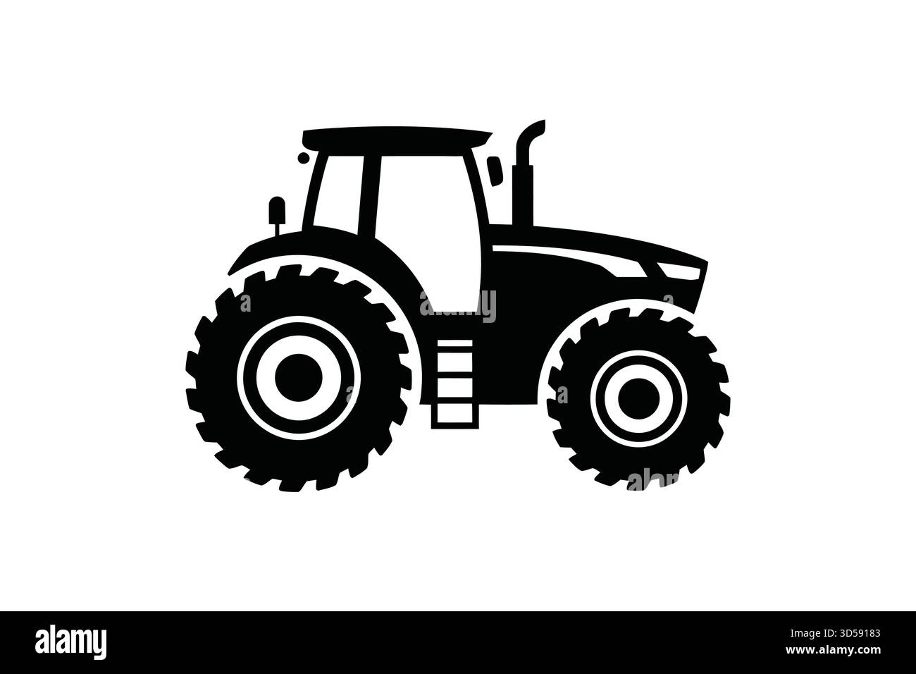 Eine einfache schwarze Silhouette eines landwirtschaftlichen Traktors mit großen, robusten Reifen und einer robusten Kabine, dargestellt auf weißem Hintergrund. Stock Vektor