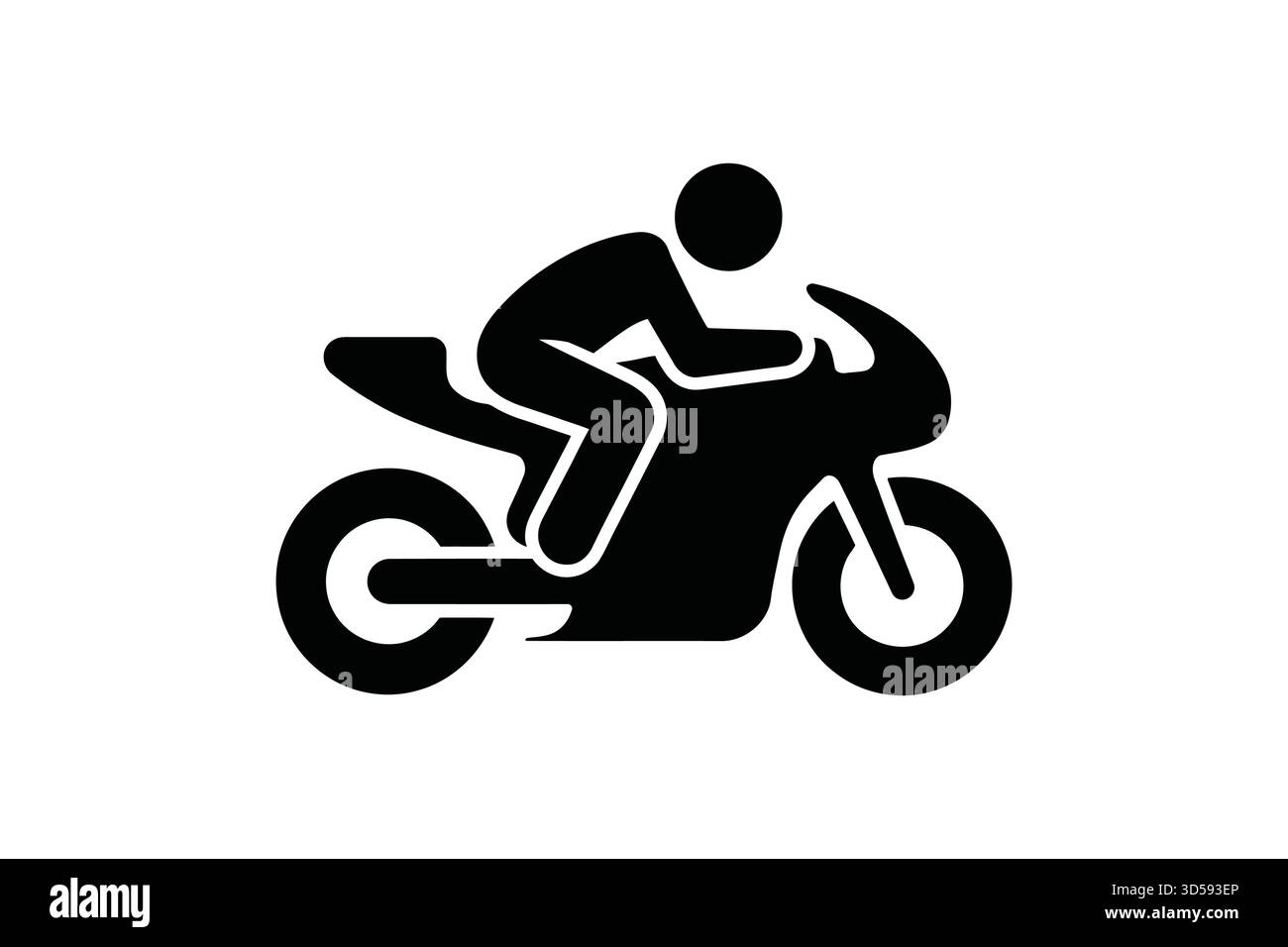 Eine schwarze Silhouette einer Person, die auf einem Sportmotorrad fährt, dargestellt in einer dynamischen, nach vorne geneigten Pose. Stock Vektor